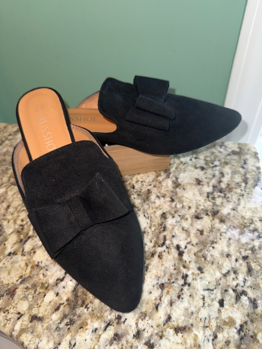 MUSSHOE Black Suede Pointed Bow-Front Slip-On Mules